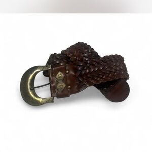 CAbi Wide Woven Brown Leather Boho Belt Brass Gold Tone Hardware Woman's M